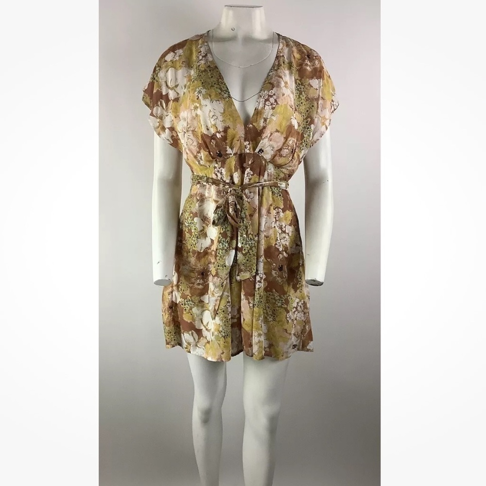Free People Sz XS Freddy Tie Mini Dress In Floral Print Brown 100% Modal